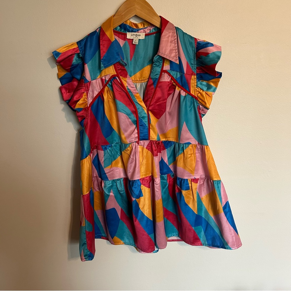 Abstract Colorful Geometric Ruffle Sleeve Top L Large Umgee - Picture 10 of 10